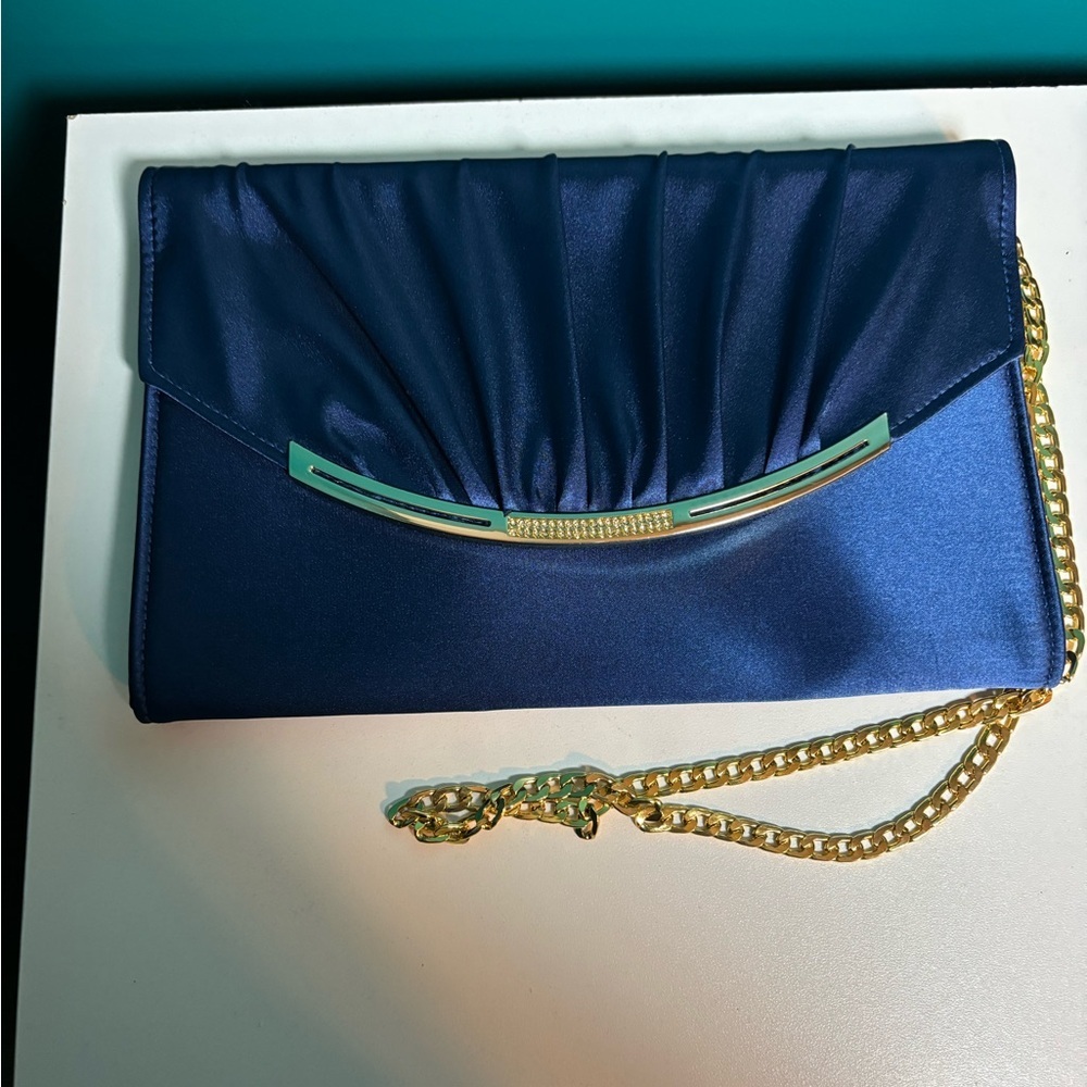 Satin Navy Evening Clutch with Gold Chain Accent